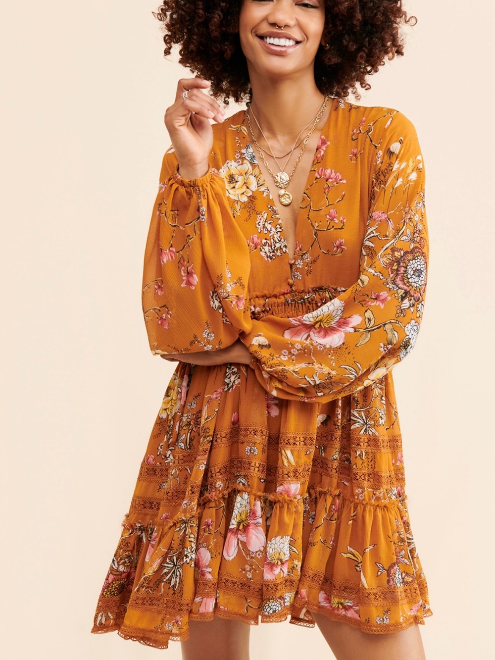 NWOT Free People Cherry Blossom Dress in Mustard size Small